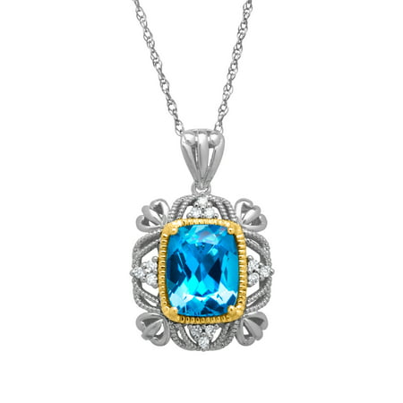 Duet 3 1/2 ct Natural Swiss Blue Topaz Pendant Necklace with Diamonds in Sterling Silver and 14kt Gold