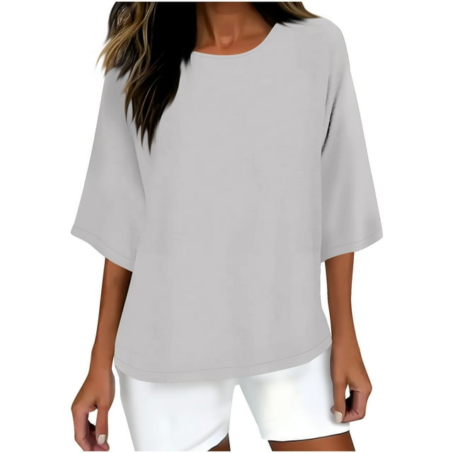 Liquidation d'Été Staron Hauts d'Été pour Femmes 2025 Tendance Décontracté Coton Lin Grande Taille Hauts Manches 3/4 Col Rond T-Shirts Blouses de Travail
