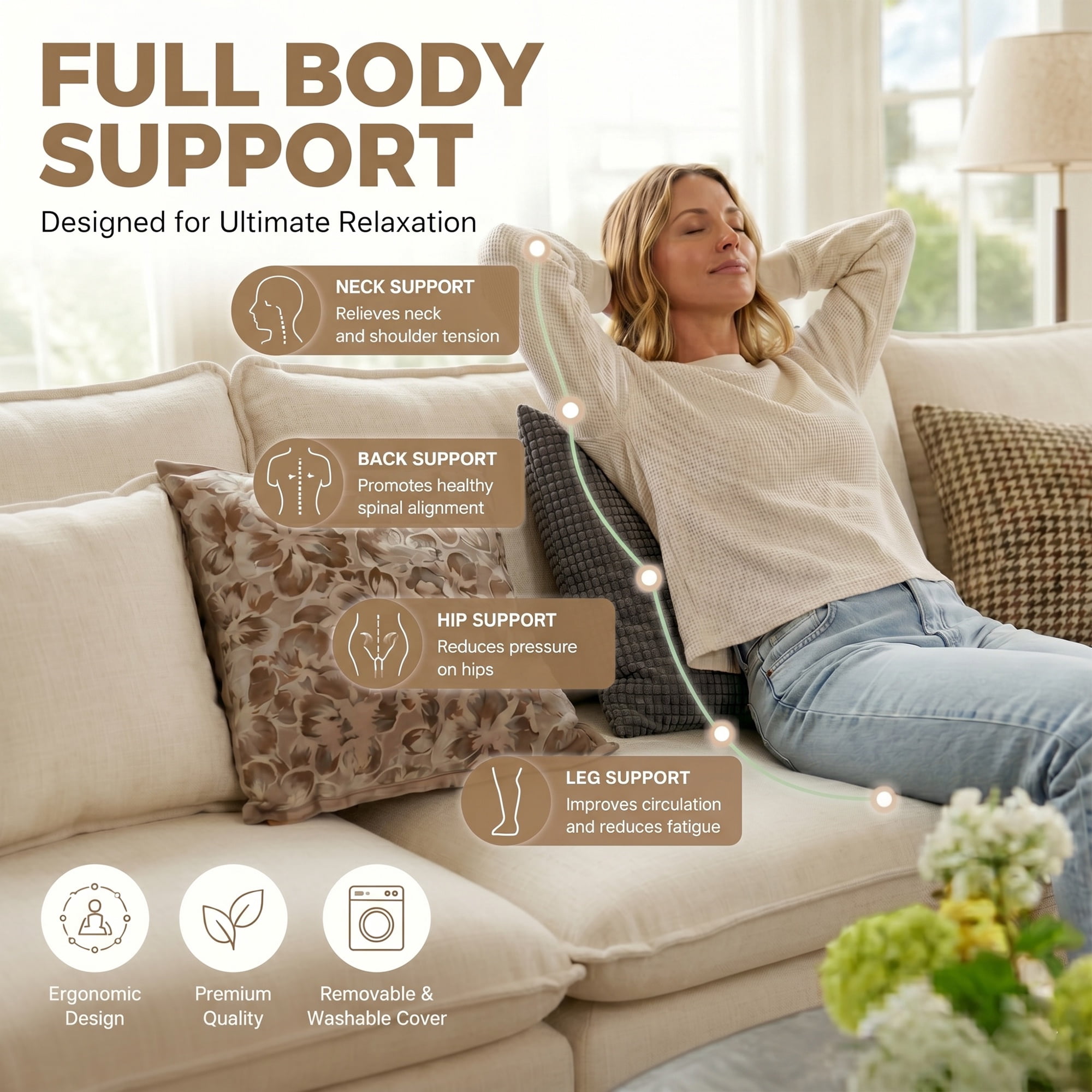 JULY'S SONG U Shaped Couch Set, 4-Seater Modular Sectional Sofa with Movable Ottoman, Deep Seat Couches and Sofas for Living Room, Comfy Cloud Couch with Detachable Cushions, Chenille Cream White