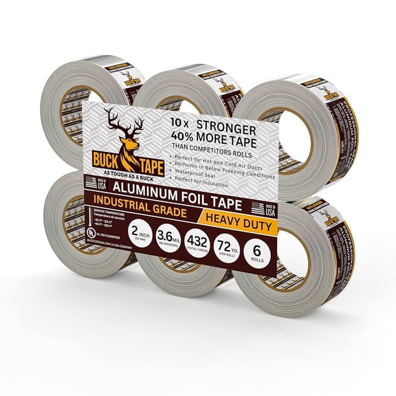 6 Pack Buck Professional Grade Aluminum Foil Tape - 2 Inch x 216ft (72 yd) 3.6 Mil - Ideal for HVAC, Insulation, Pipes & Metal Repair - Heat Resistant & Waterproof - Perfect for Sealing Ducts & Vents