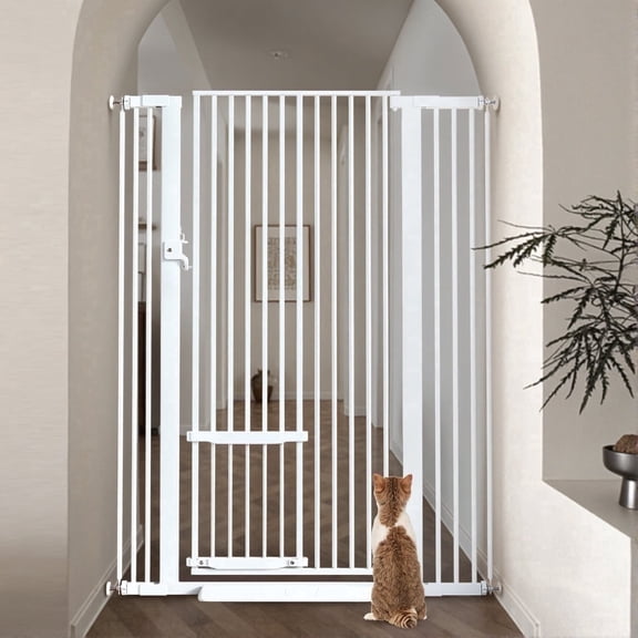 Pet Gate with Cat Door,Caveen 55.1 inch Extra Tall Dog Gate,29.5''-40.6''Wide Gate Pressure Mounted Full Door Pet Gate for Doorway Stairs,White