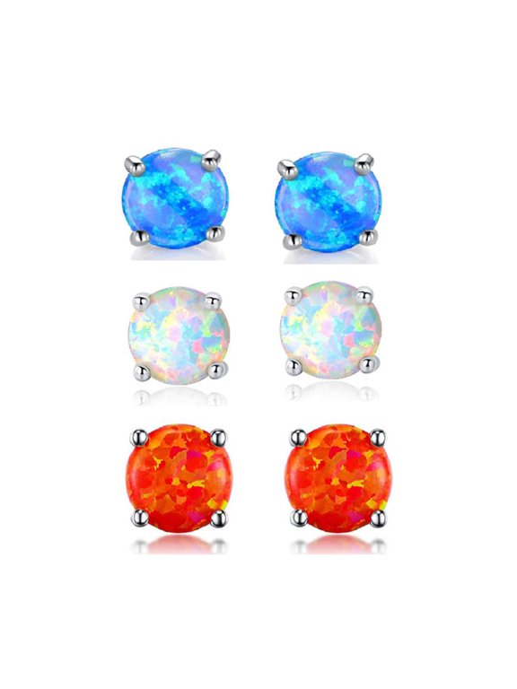 Stunning 18K White Gold Plated 6.0mm White, Pacific Blue, Orange Red Opal Stud Earrings set of 3 pairs for women men