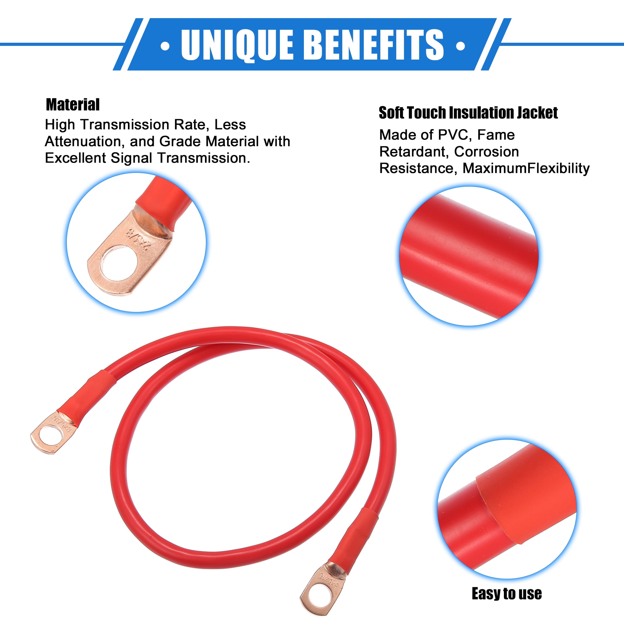 Unique Bargains 1 Pair 8 AWG Gauge 24" Battery Inverter Cables with 3/8" Ring for Car Vehicle RV Black Red 20Inch