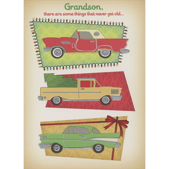 Designer Greetings Some Things Never Get Old: Red, Yellow and Green Retro Cars Christmas Card for Grandson