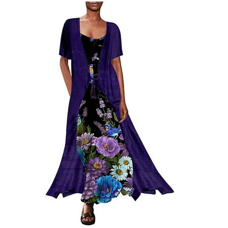 

cllios Women s Fashion Casual Chiffon Short Sleeve Loose Shawl Two-Piece Camies Dress With Straps for Women 2022