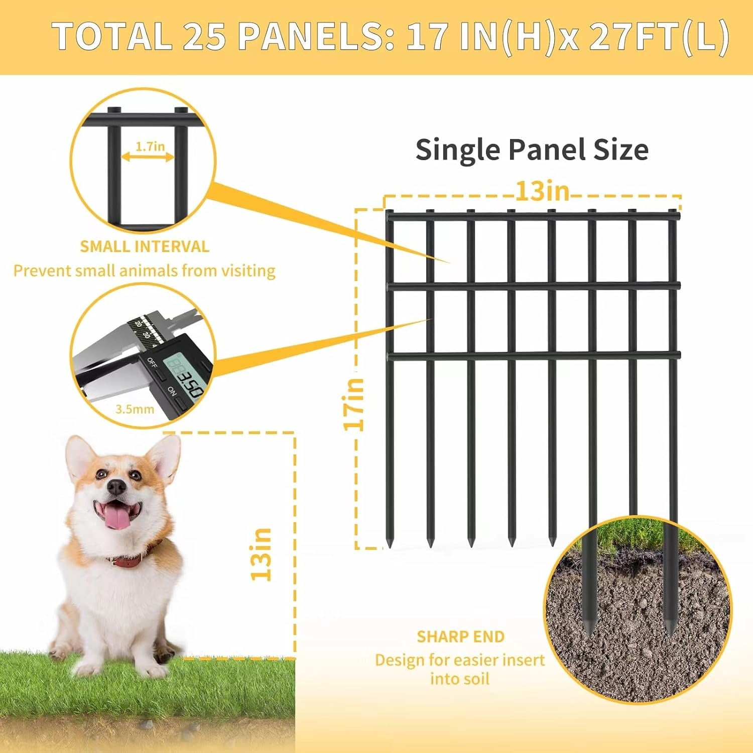 25 Pack Garden Animal Barrier Fence, 17in (H) X 27ft (L) No Dig Fence, Metal Garden Fencing Bordere, Decorative Fencing Panel for Dog Rabbits Ground Stakes Defense and Outdoor Patio