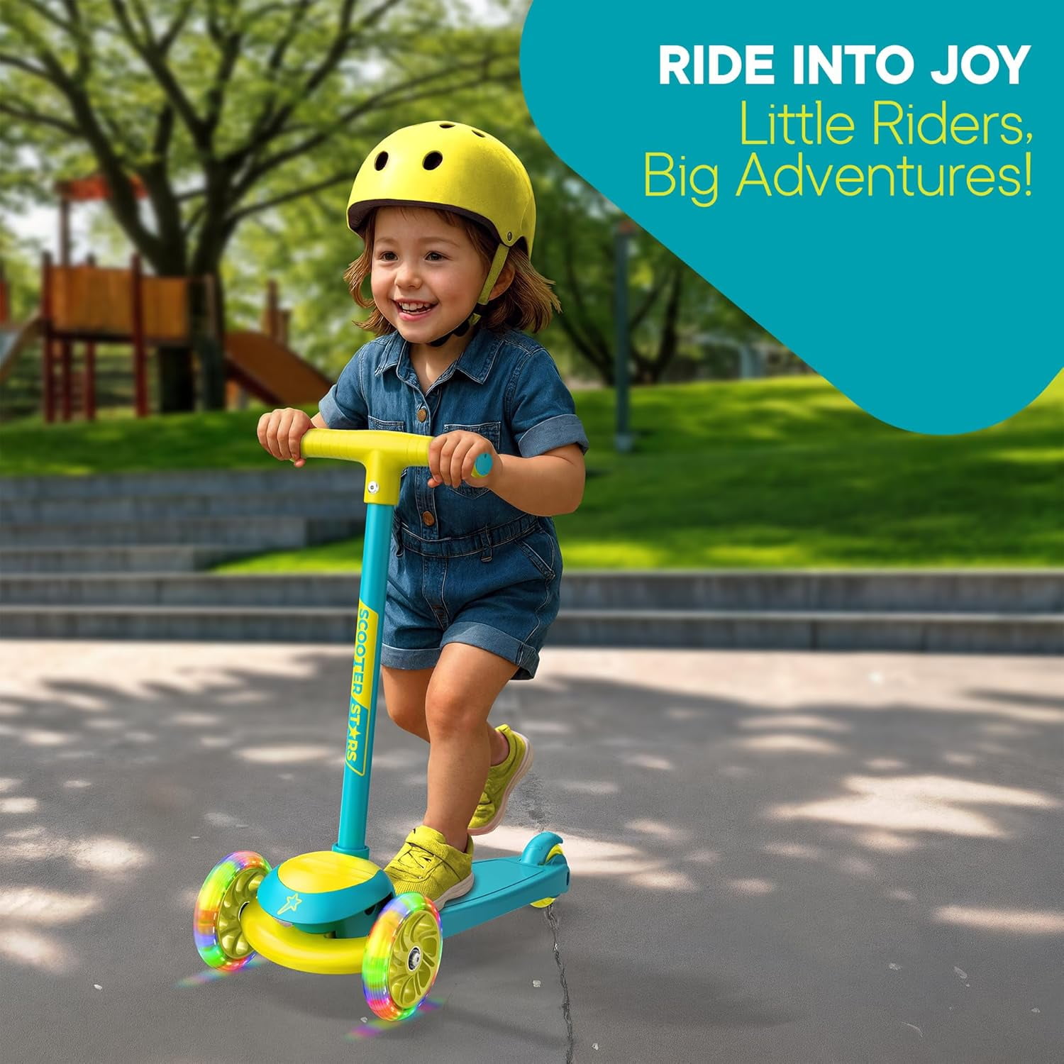 Scooter Stars 3-Wheel Kids Scooter with Light-Up LED Front Wheels, Wide Anti-Slip Deck, Rear Foot Brake, Lean-to-Steer Ride-On Toy