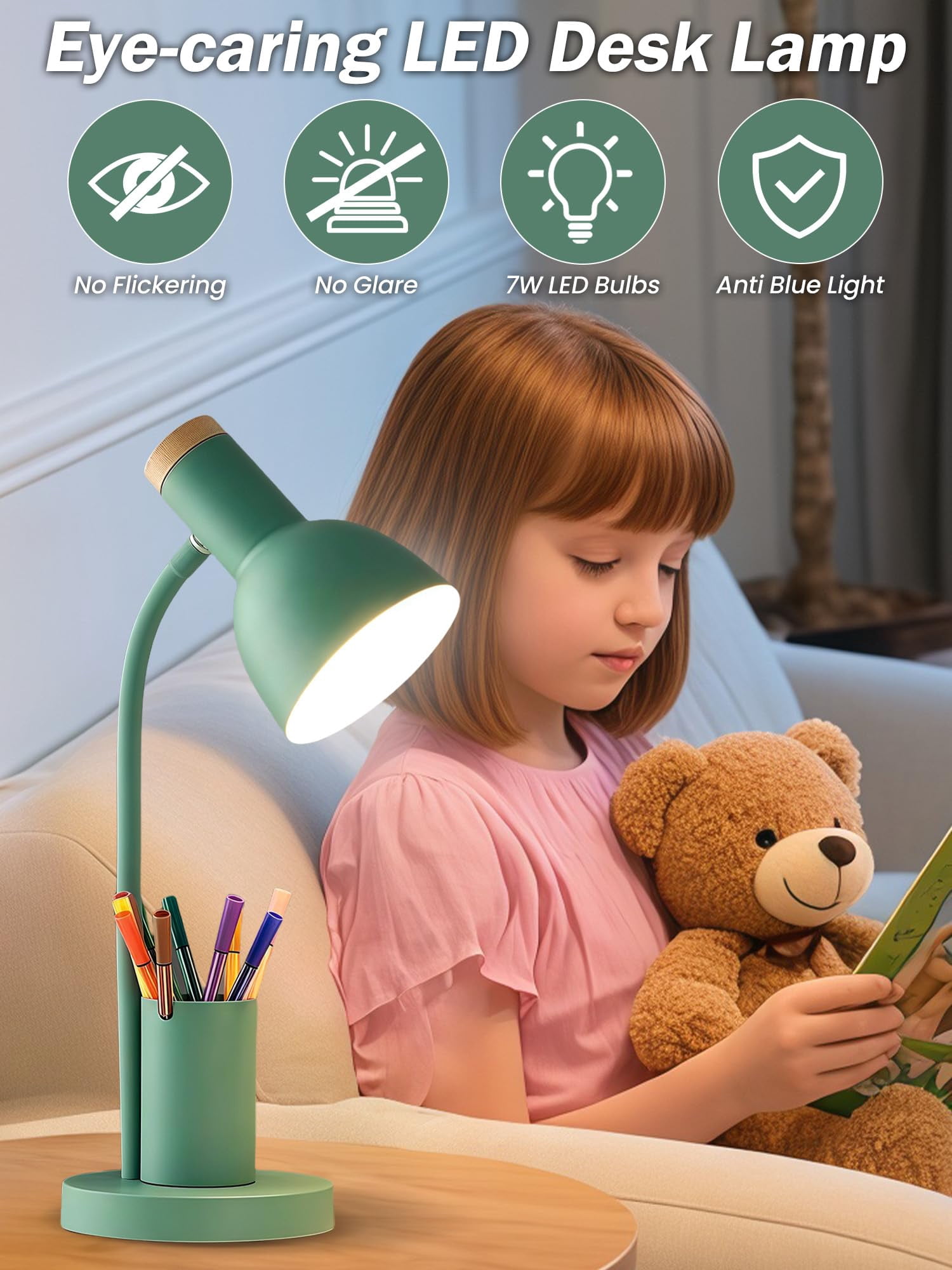 Led Desk Lamp For Home Office  Table With Pen Holder 3 Color Modes Reading Light Eye-caring Gooseneck Metal Study Dorm Bedside Bedroom (green Lamp)