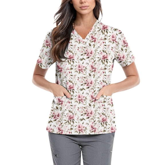 Women Pink Rose Floral Scrub Tops V Neck Short Sleeve Printed Nursing Scrub Top Medical Workwear Uniform