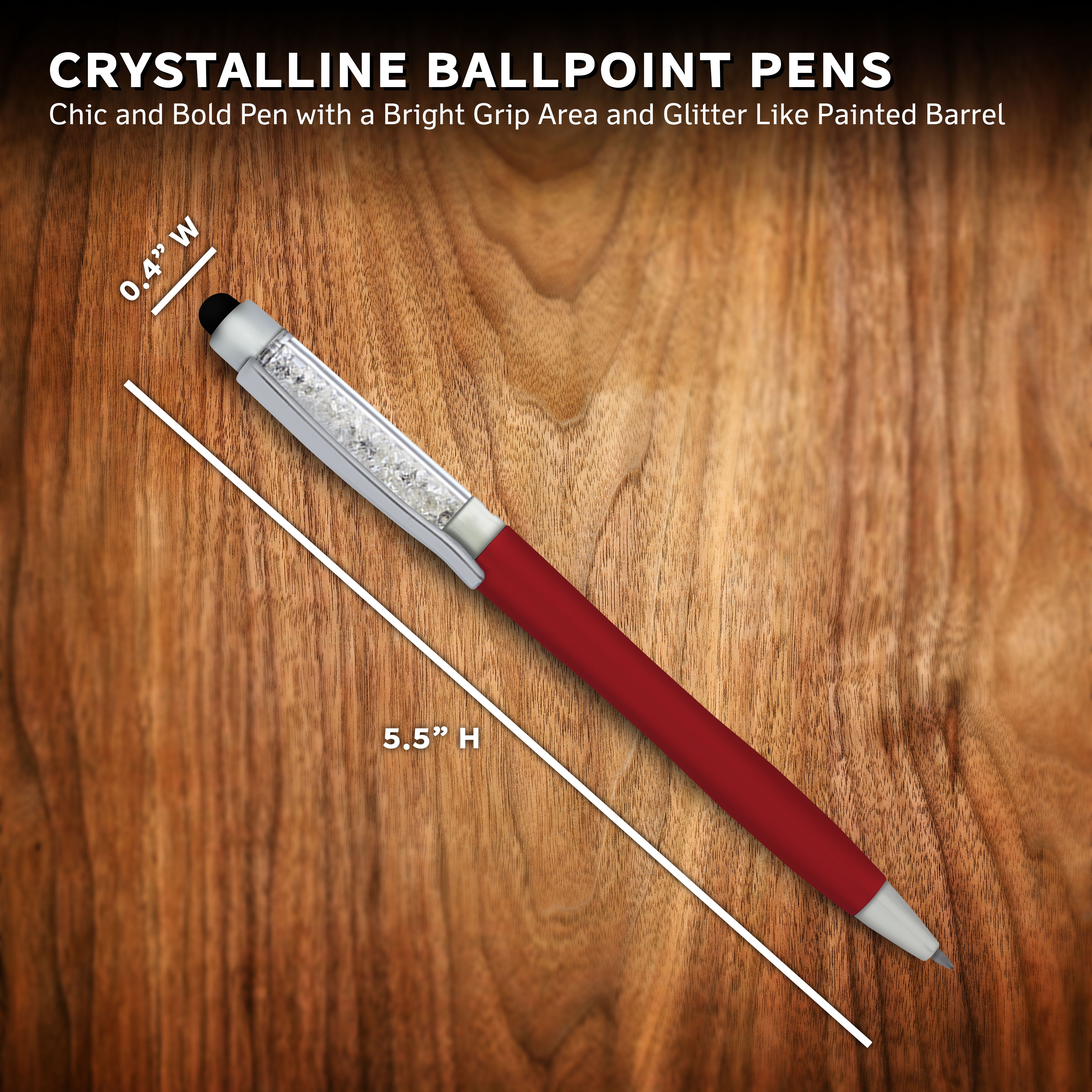 10 Crystalline Ballpoint Pens Pack - Twist mechanism, Black Ink - Red