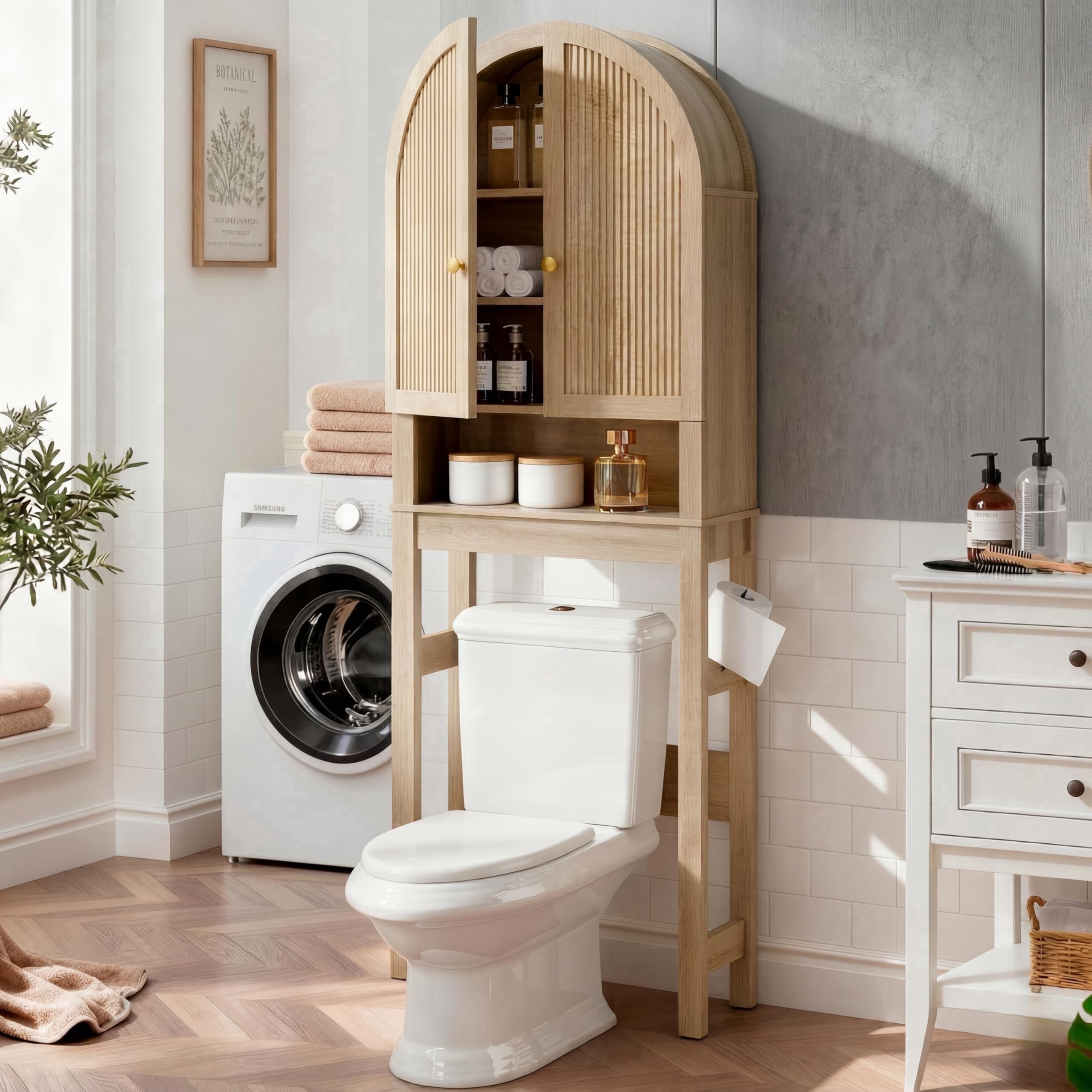 HMstone Over The Toilet Storage Cabinet, 23.7’’W Bathroom Storage Shelf Organizer with Doors, Freestanding Above The Toilet Storage Cabinet with Adjustable Shelf for Bathroom, Natural