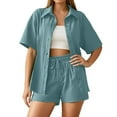 thumbnail image 2 of Women 2 Piece Outfits Long Sleeve Button Down Blouse And Shorts Shirts Sets Light Green M, 2 of 6