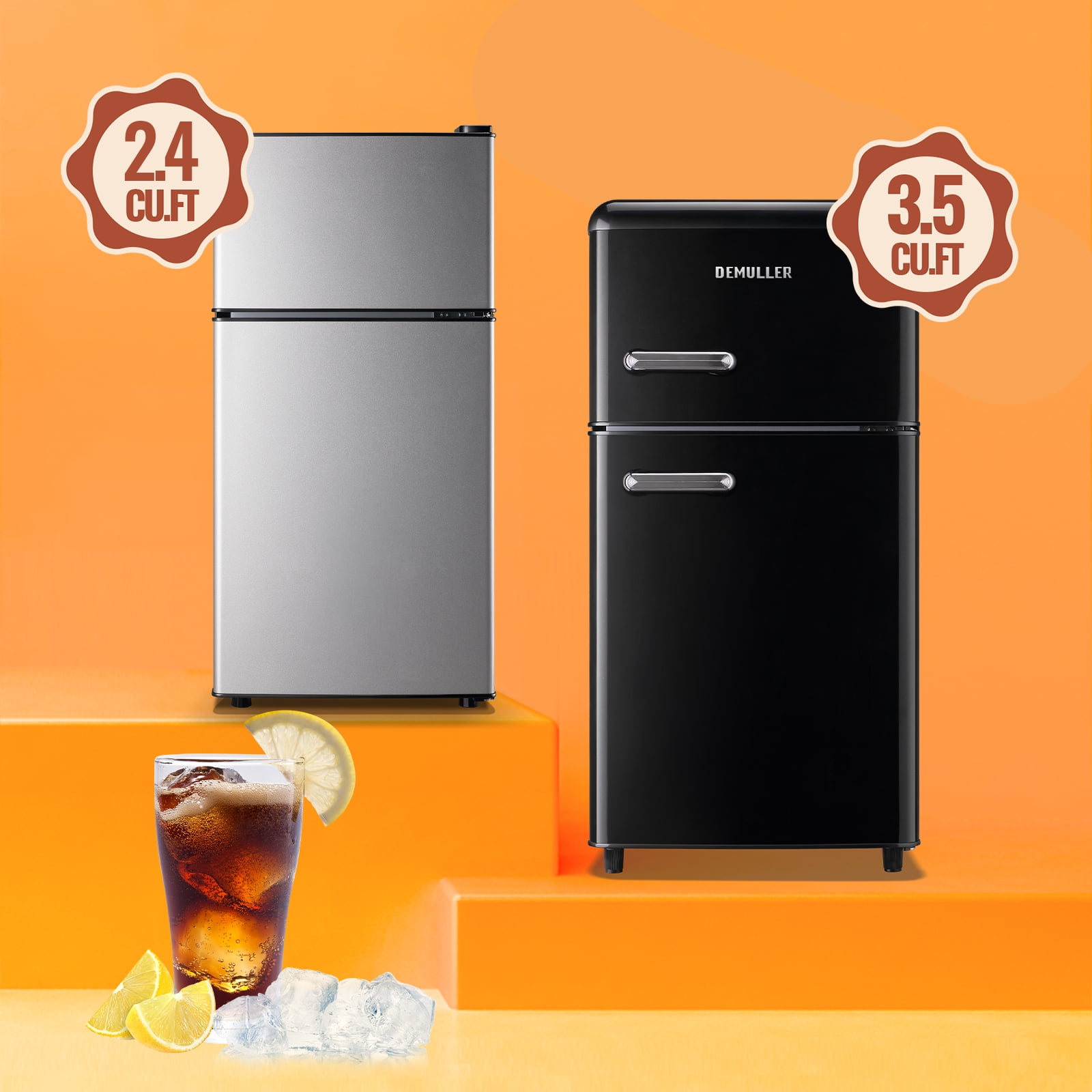 DEMULLER 2.4 Cu.ft Mini Fridge Small Refrigerator with Freezer Removable Shelves Two Door Silver New