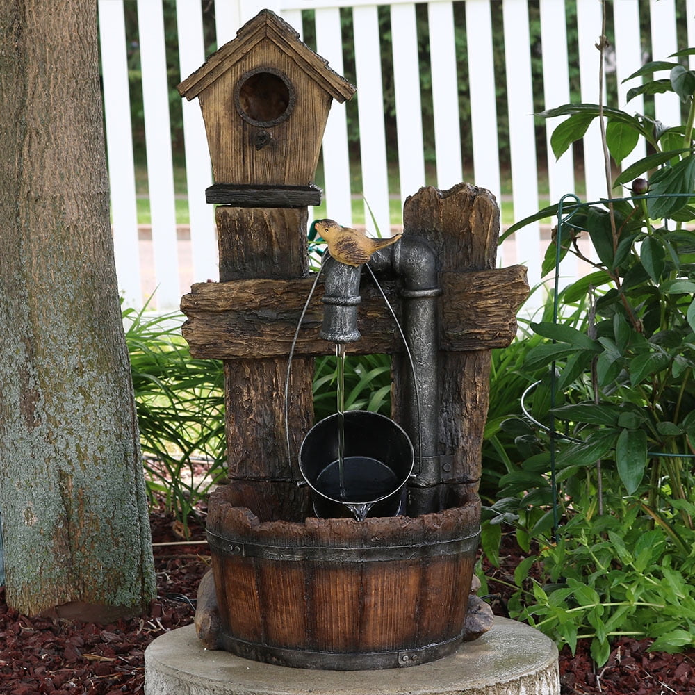 Sunnydaze Bird House Leaking Pipe Water Fountain with LED Light