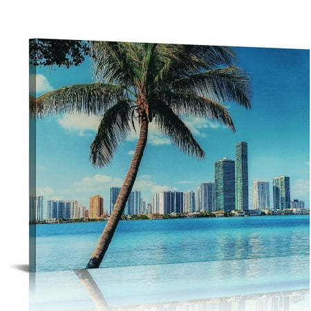 

FUMJ Palm Tree City Skyline Blue Water Canvas Print 20x16 in/16x12 in Wall Decor for Living Room Bedroom Home Office 20x16in