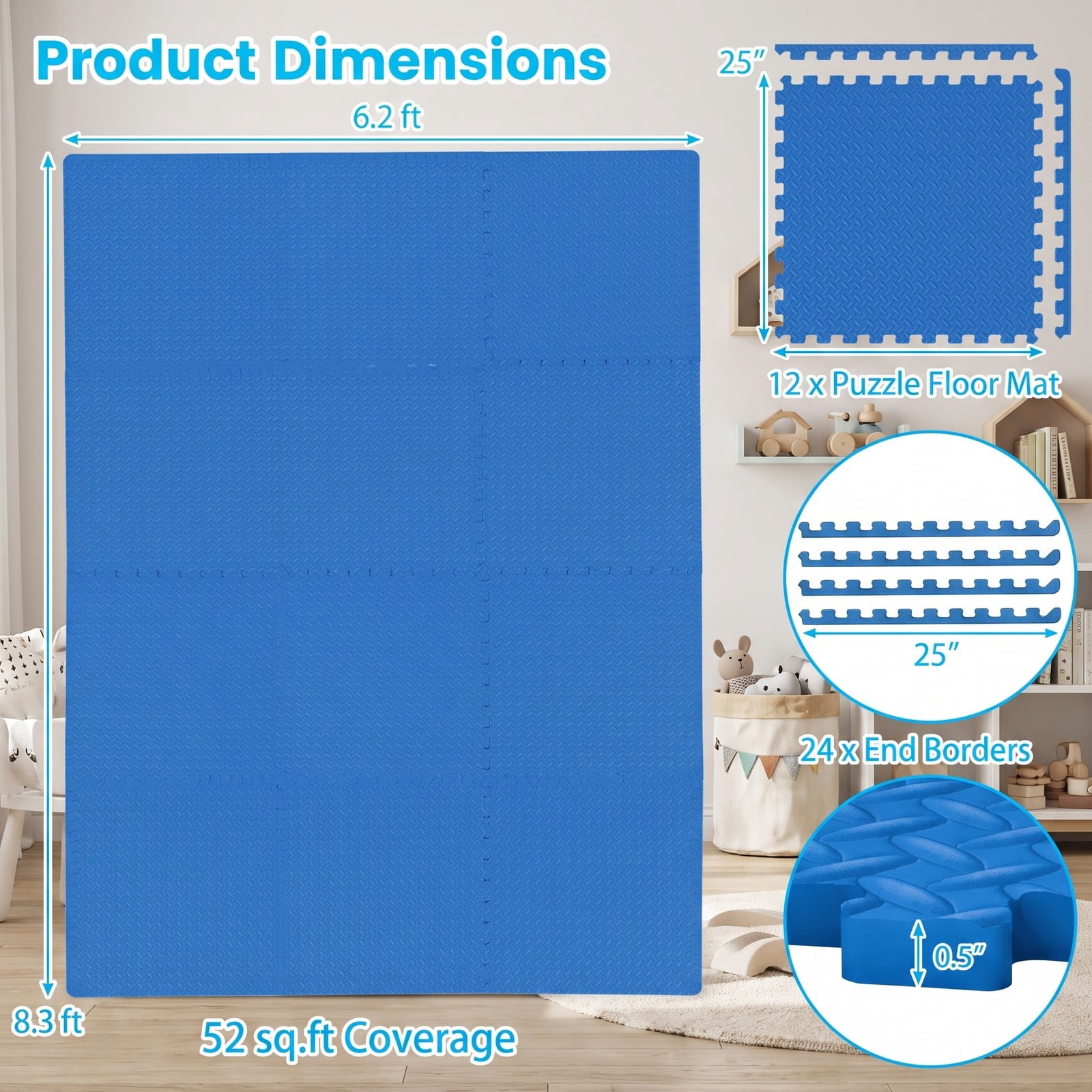 Airfind 12 Tiles Puzzle Exercise Floor Mat with Interlocking EVA Foam and Non-Slip Texture for Home Gym Equipment Protection, Blue