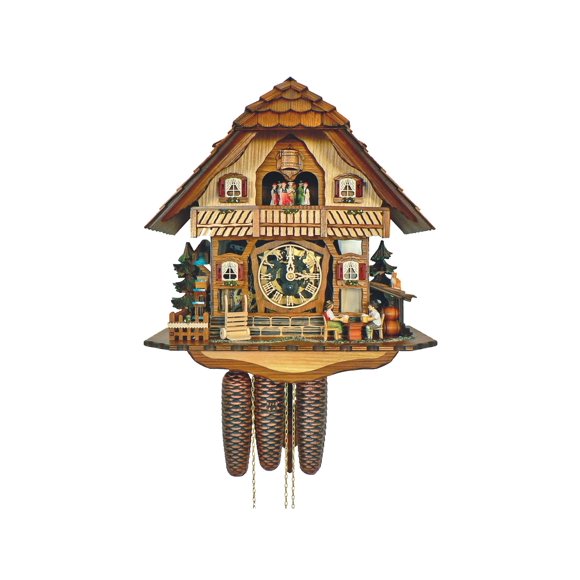 Cuckoo Clock Black Forest house with moving beer drinkers and mill wheel