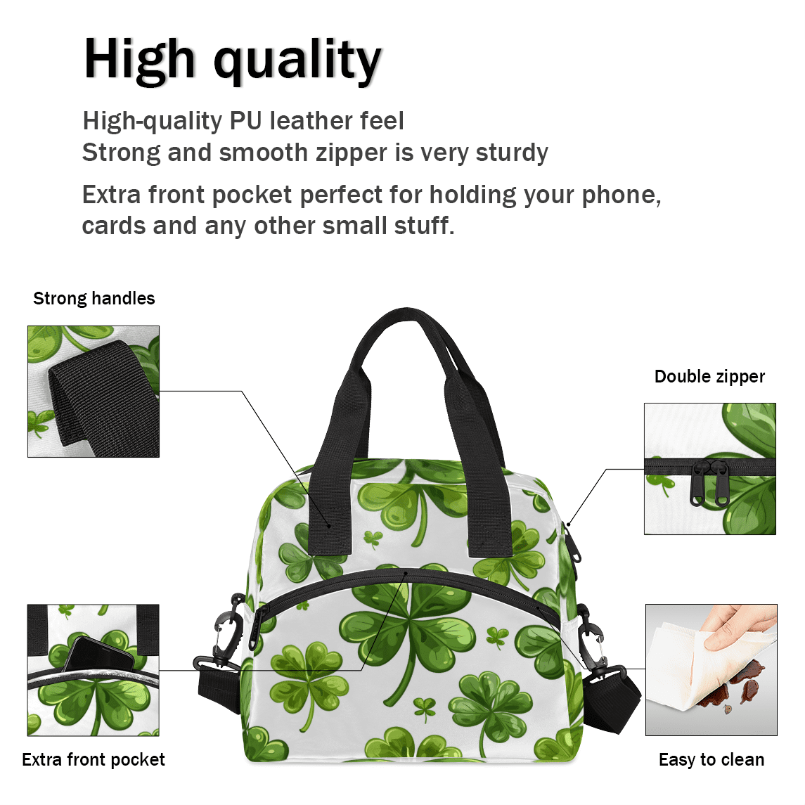 Herdesigns Clover Insulated Lunch Bag for Women Men Adults Large Reusable Lunch Box St Patrick's Day Shamrock Leakproof Cooler Tote Bags with Adjustable Shoulder Strap