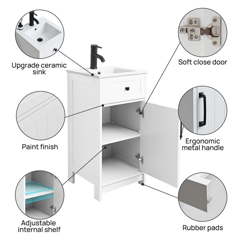 Wonline 16 inch Bathroom Vanity with White Ceramic Sink Combo for Small Space,Modern Bathroom Storage Vanity with Soft-Close Doors Adjustable Shelf(White)
