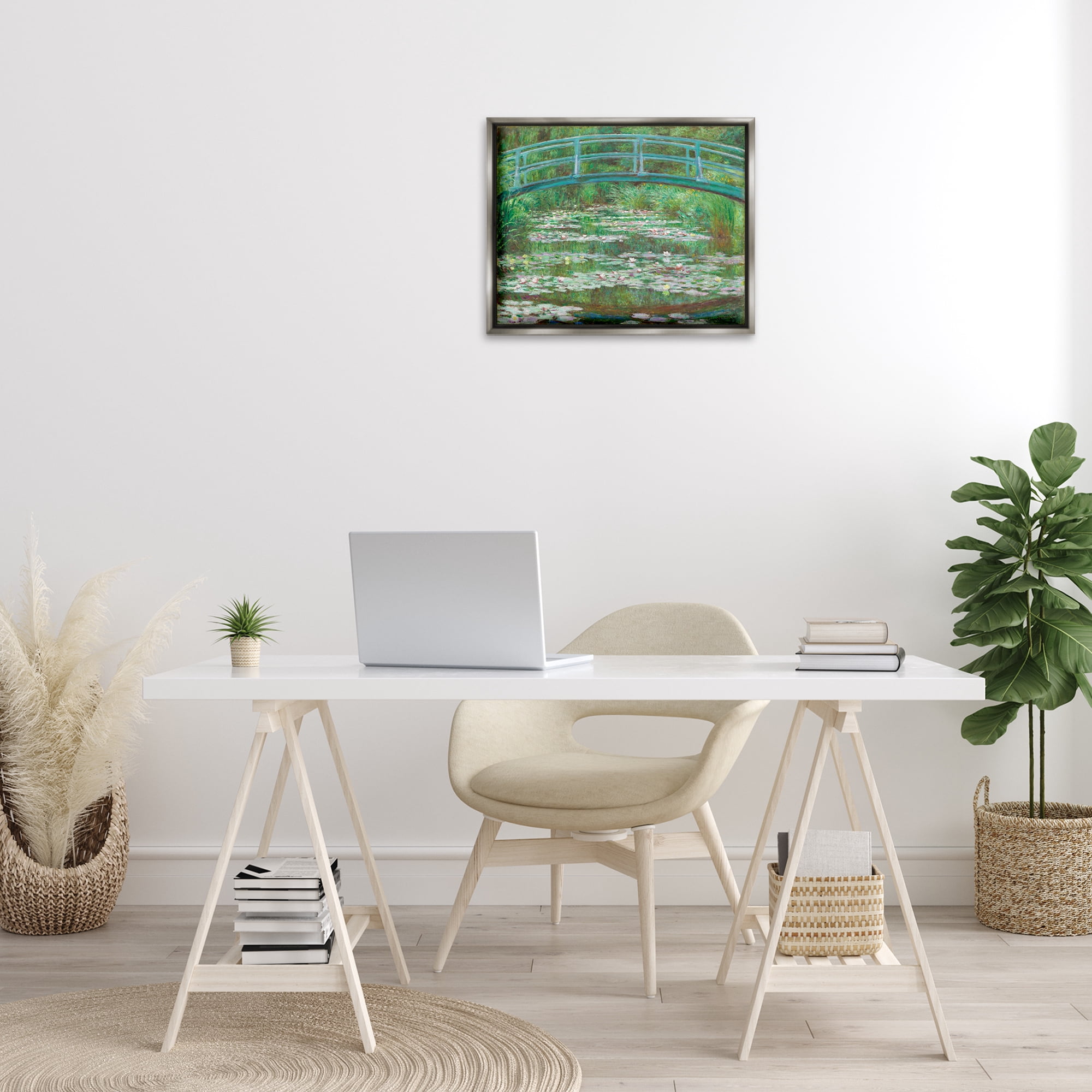 Stupell Industries Classic Monet Japanese Footbridge Landscape & Nature Painting Gray Floater Framed Canvas Art Print Wall Art, 21 x 17