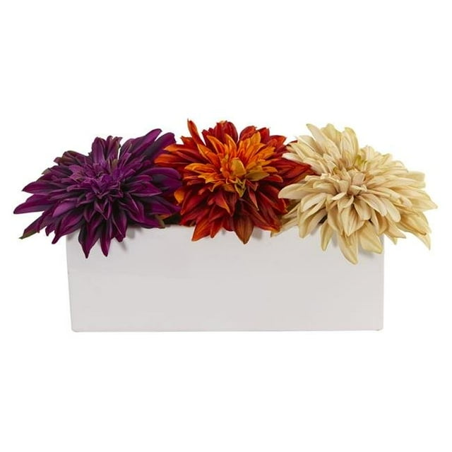 Nearly Natural 1598-AS Dahlia Artificial Arrangement in White Planter - Assorted Color