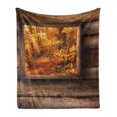 thumbnail image 1 of Fall Soft Flannel Fleece Blanket, Fall Foliage View from Square Shaped Wooden Window Inside Cottage Rustic Life Photo, Cozy Plush for Indoor and Outdoor Use, 50" x 70", Orange Brown, by Ambesonne, 1 of 6