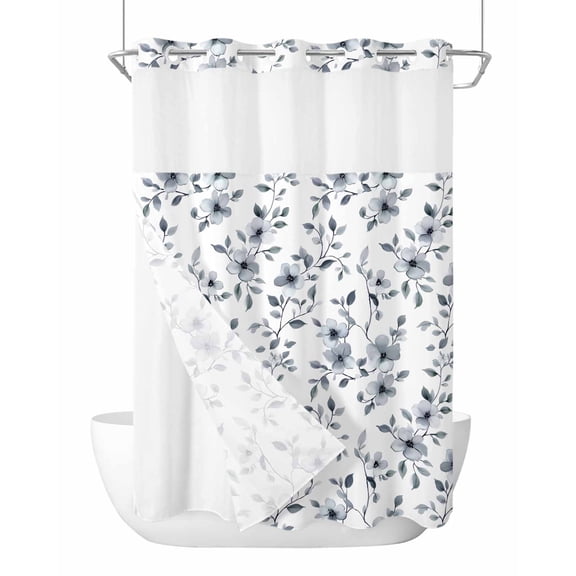 No Hook Cloth Fabric Shower Curtain with Snap in Liner, Navy Blue Spring Floral Waterproof Shower Curtains Set with See Through Top Window, Summer Botanical Pastoral Watercolor Bath Curtains 72"x84"