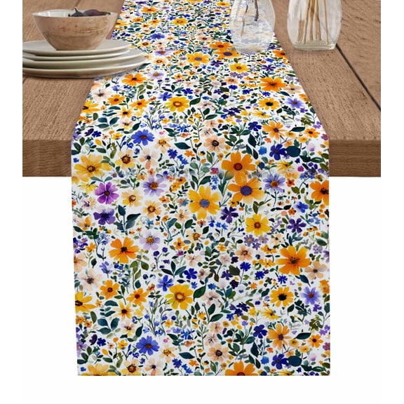 Farmhouse Wildflowers Table Runner 90 Inches, Watercolor Colorful Flowers Floral Bed Runner Dresser Scarves Tabletop for Indoor Outdoor Parties/Ceremony/Banquet, 13" x 90"
