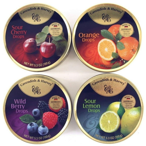 4 Pack Cavendish & Harvey 4-Flavor Variety: Orange, Wild Berry, Sour Lemon and Sour Cherry Drops 5.3-ounce (150g) Tins