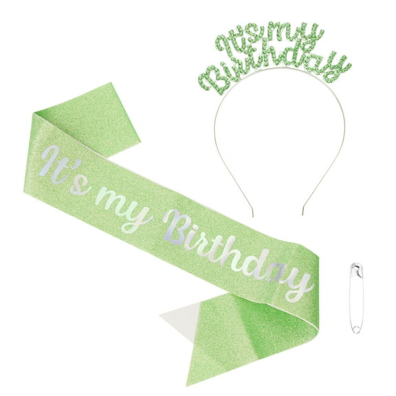 It's My Birthday Sash with Headband for Women Party Crown Decor Green