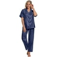 thumbnail image 4 of DAKIMOE Silk Satin Pajama Set for Women Short Sleeve Two Piece Button Down Pjs Sleepwear Soft Loungewear Nightwear, Navy Leopard Print, 4 of 8
