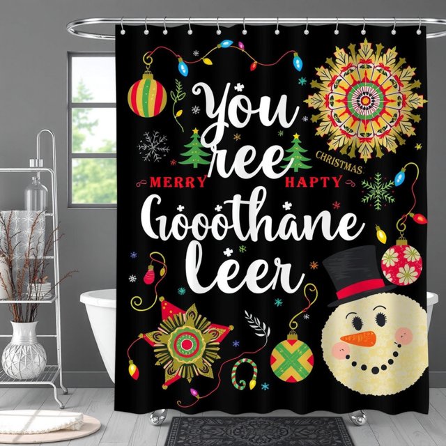 Whimsical Black Christmas Shower Curtain with Snowman & Lights - Festive Holiday Decor