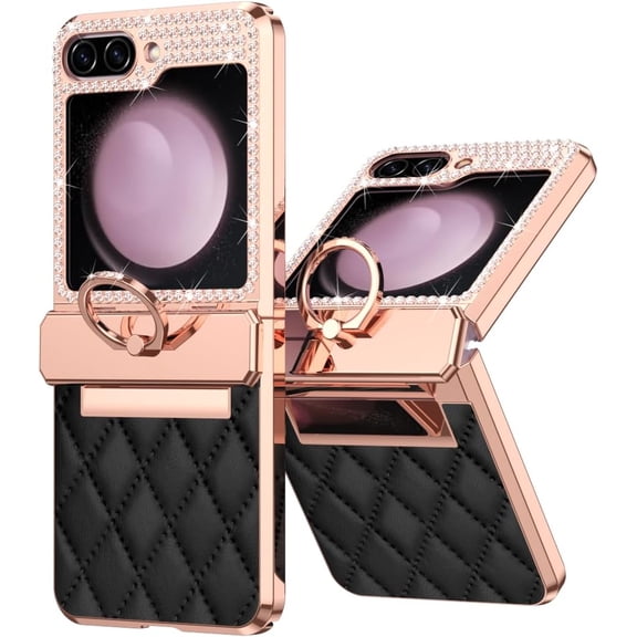 for Samsung Galaxy Z Flip 5 Case Luxury Glitter Shiny Rhinestone Diamond Bling Leather with Ring and Hinge Protector Stylish and Durable Design- 6 Color