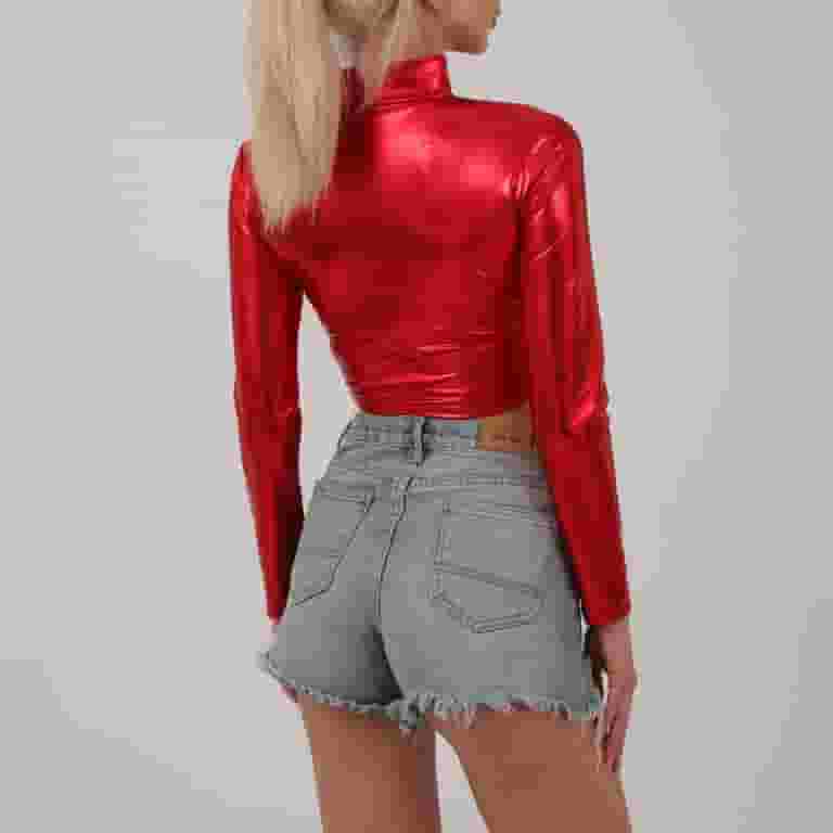 ☆NERDY☆ Women's Glossy Crop Track Top Red YYDGH Women's Metallic Liquid Mock Neck Crop Tops Turtleneck