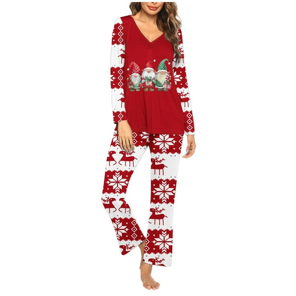Lorytime Womens Christmas Pajamas Sets Santa Claus Long Sleeved V-Neck Tops Elastic Waist Pants Holiday Sleepwear