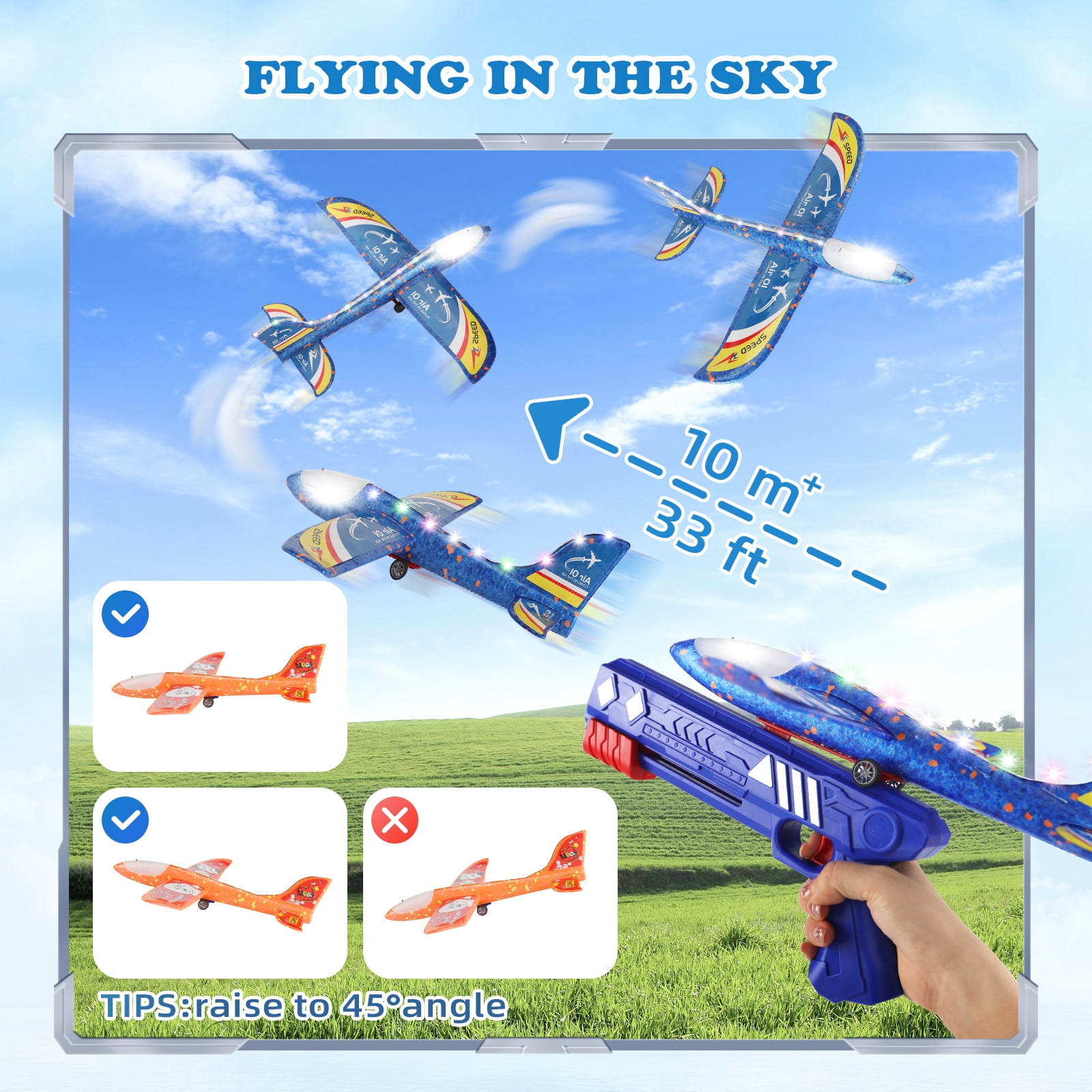 3 Pack Airplane Launcher Toys, 2 Flight Modes LED Light Foam Glider Catapult Plane Toy,Outdoor Flying Toys Birthday Gifts for Kids Boys Girls 3 4 5 6 7 8 9 10 Year Old