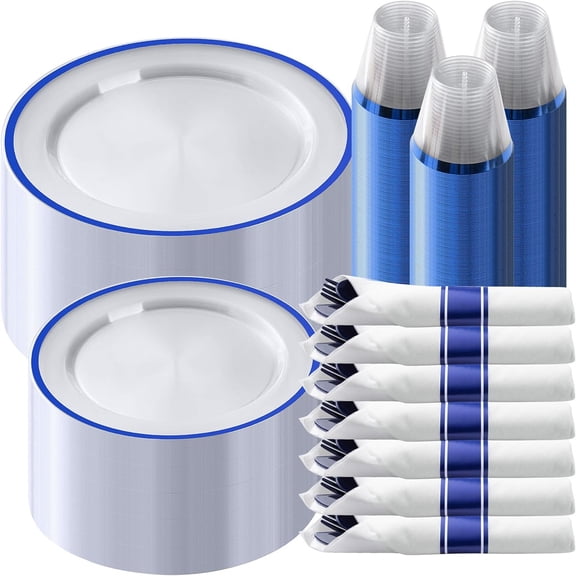 350 Piece Plastic Dinnerware Set for Party, Clear Disposable Plates for 50 Guests, Include: 50 Dinner Plates, 50 Dessert Plates, 50 Pre Rolled Napkins with Cutlery Set, 50 Cups