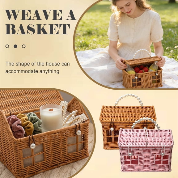 Zeyigg Rattan Plastic House Shaped Storage Basket with Lid and Folding Handle, Decorative Organizer for Picnics, Easter, and Home Decor,Brown