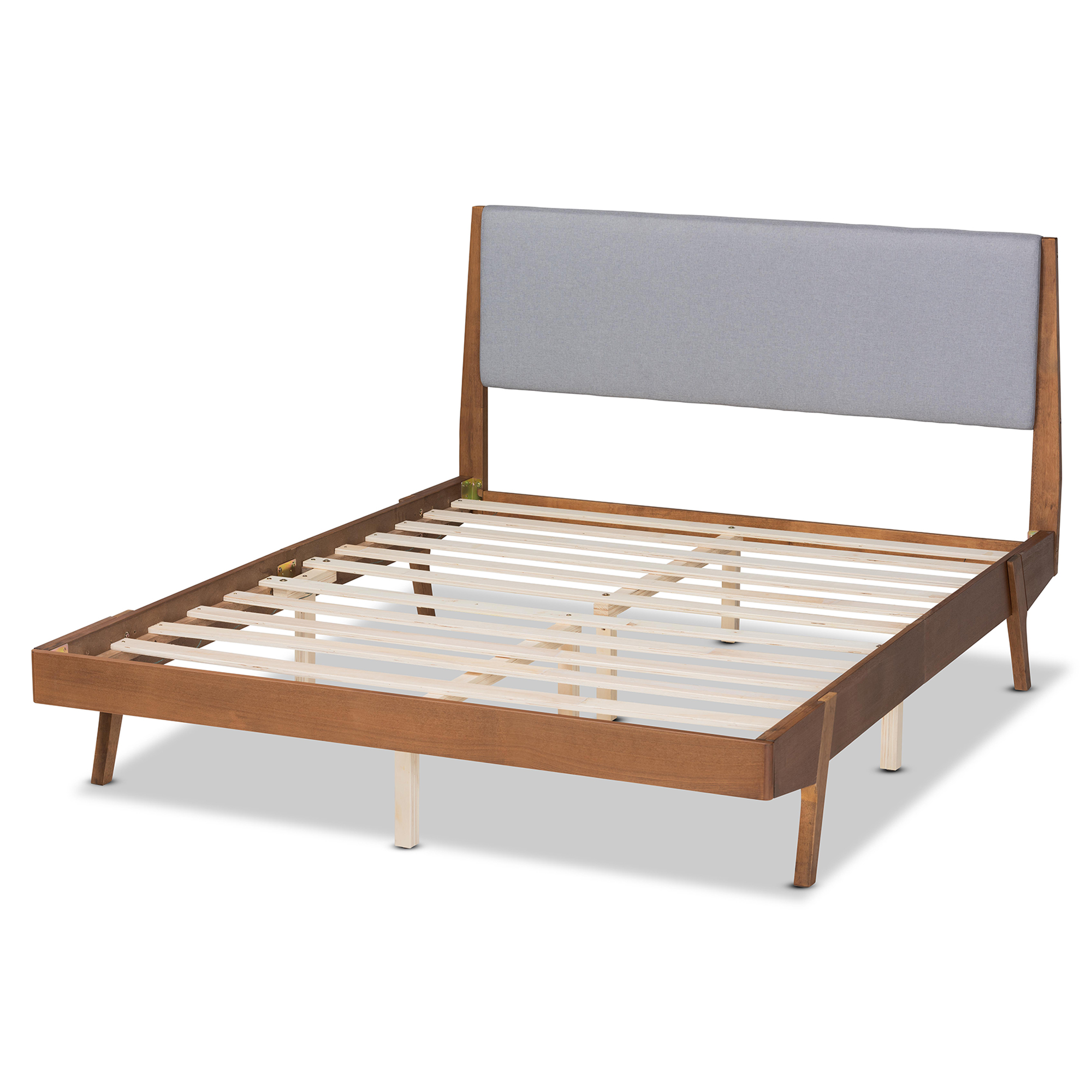 Baxton Studio Sennae Mid-Century Modern Grey Fabric Upholstered and Walnut Brown Finished Wood King Size Platform Bed