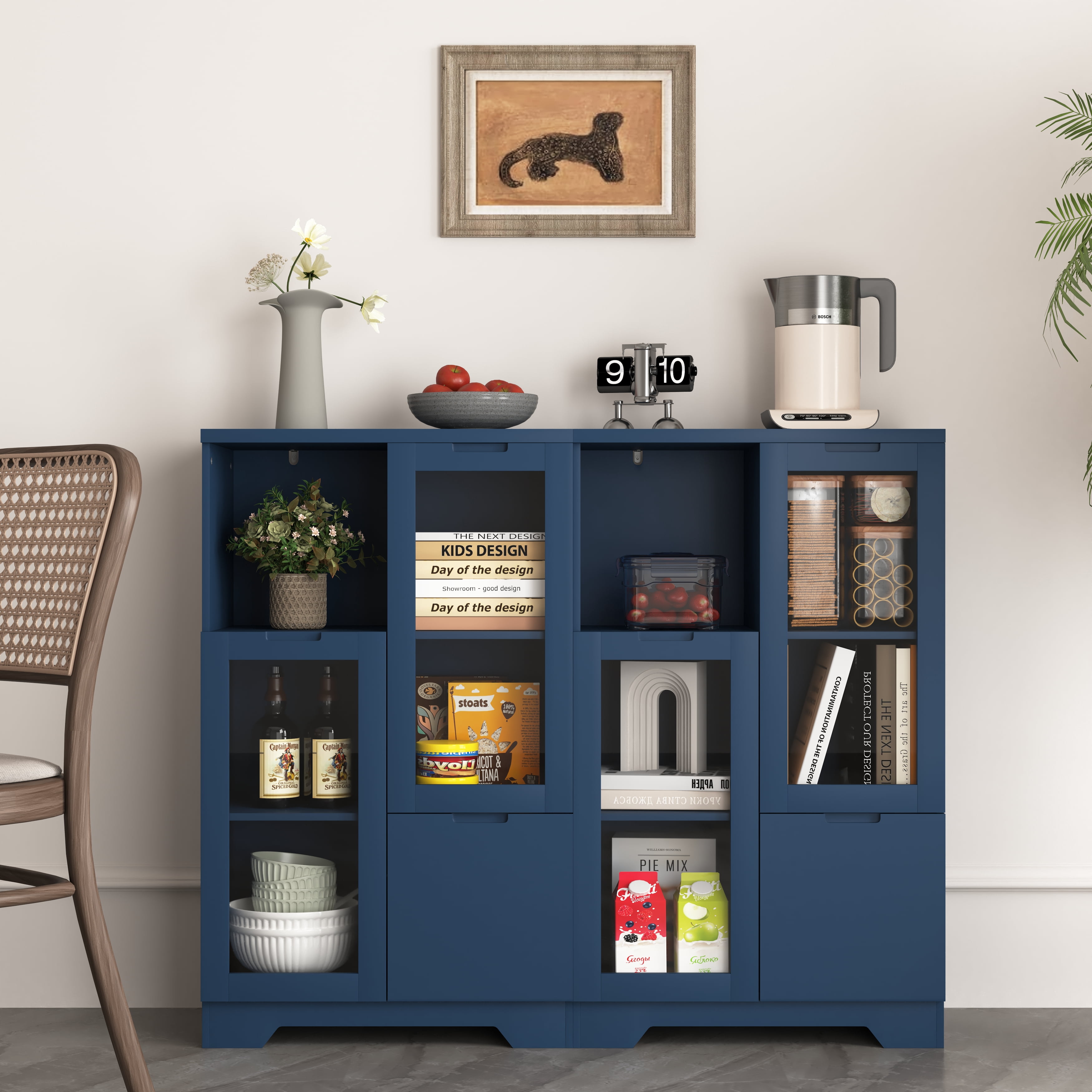 MAYEERTY White MDF Cabinet with Glass Doors & Drawer, Modern Storage Cabinet for Living Room & Bedroom, Blue