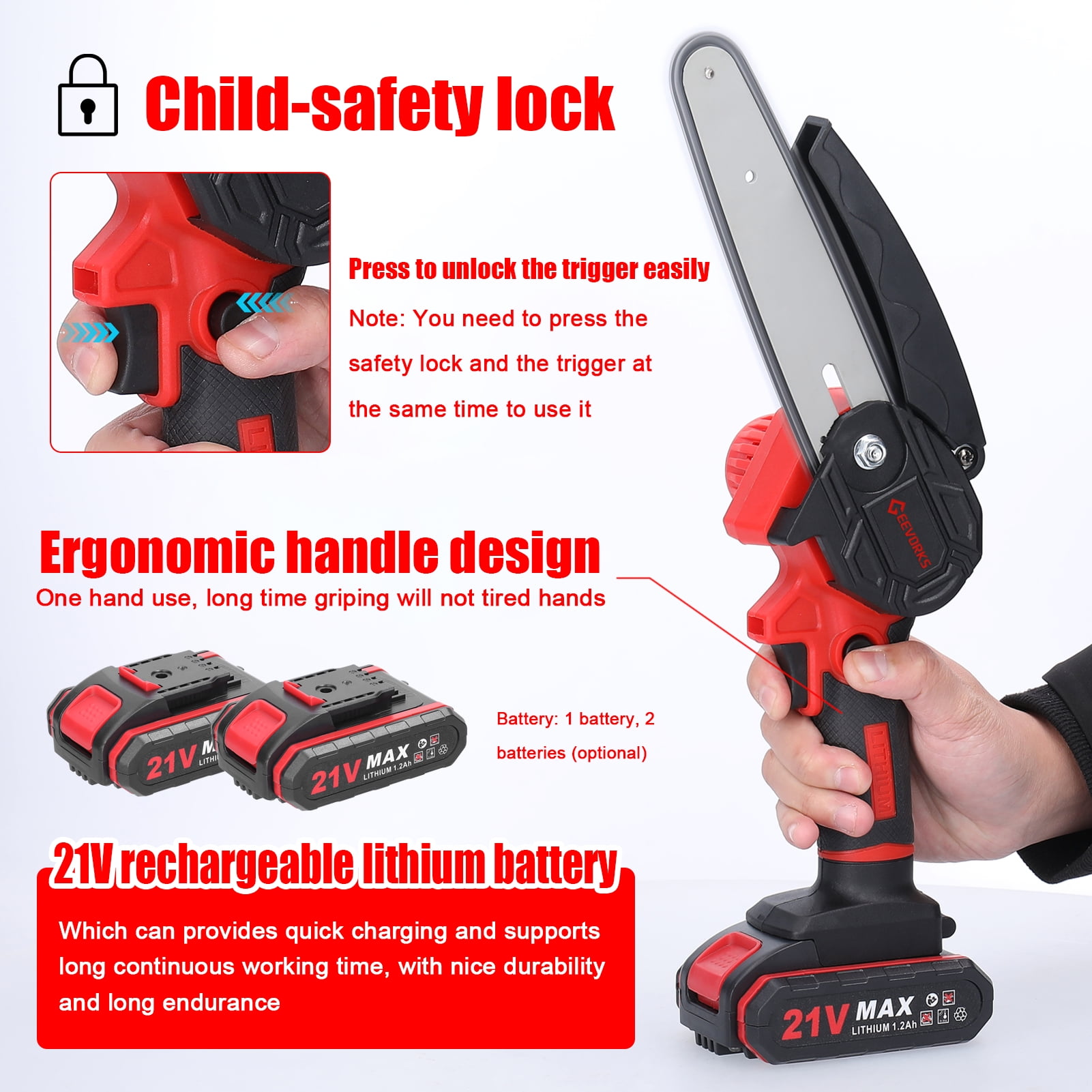 Geevorks Mini Chainsaw, 6-inch Cordless Small Chain Saw , Electric Brushless Chainsaw with Security Lock, Handheld Power Chainsaw for Tree Pruning, Wood Cutting