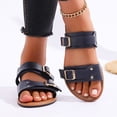 thumbnail image 5 of Womens Flat Slide Sandals Dark Blue Two Band Adjustable Buckle Faux Faux Leather Casual Summer Beach Shoes,Size 9, 5 of 9