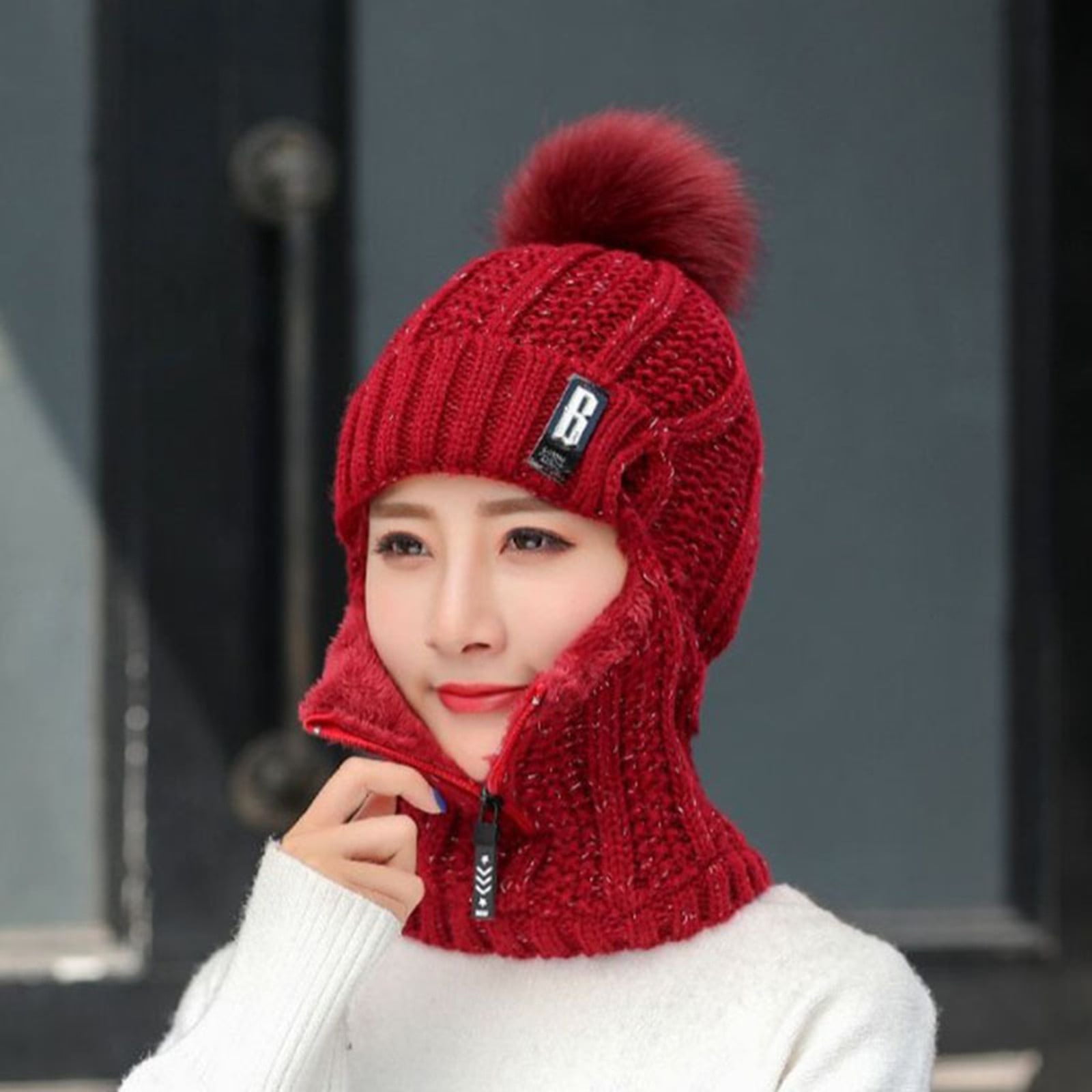 Women Hat Knit Warm Windproof Cat Winter Fur Cap Wool Plus Velvet Ski Cap