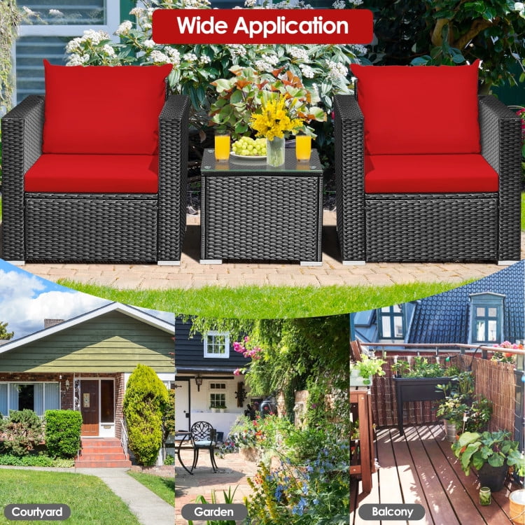 Aimee Lii 3 Pieces Patio Wicker Conversation Set with Cushion, Modern Patio Furniture, Red Aimee Lii 3 Pieces Patio Wicker Conversation Set with Cushion, Modern Patio Furniture, Red