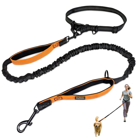 JoyPetto Hands-Free Dog Leash Waist Belt for Small/Medium Dogs - 28"-47" Adjustable, 2 Handle, Bungee Dog Leash with Reflective - Orange