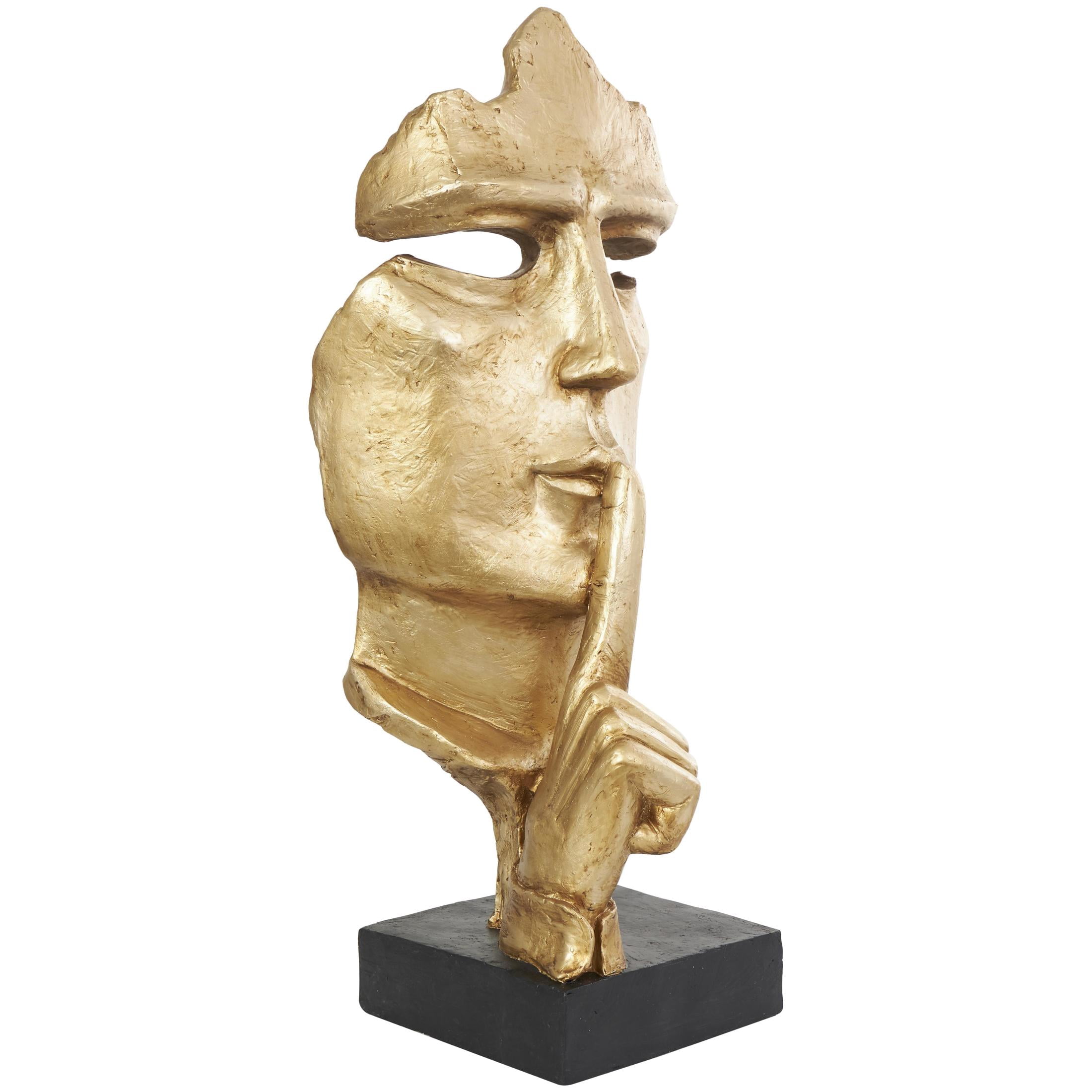 14" x 40" Gold Polystone Large Cutout Quiet Gesture Face People Sculpture with Black Base, by DecMode