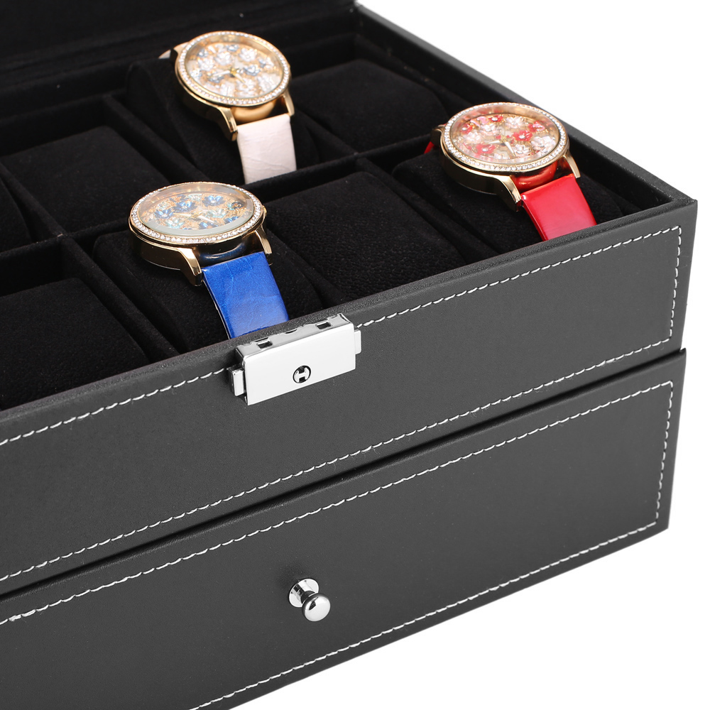 Watch Box, 20 Mens Case Glass Top Display Organizer Lockable, Black
