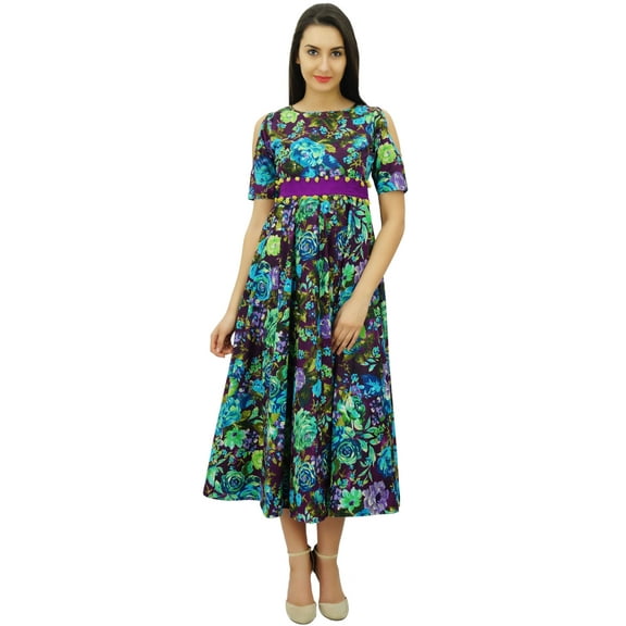 Bimba Women's Cotton Cold-Shoulder Long Dress With Pom Pom Chic Trendy Clothing