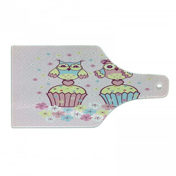 Owls Cutting Board, 2 Owl Couples on Cupcakes Springtime Happiness Romantic Art, Decorative Tempered Glass Cutting and Serving Board, Wine Bottle Shape, Pale Pink Sky Blue, by Ambesonne