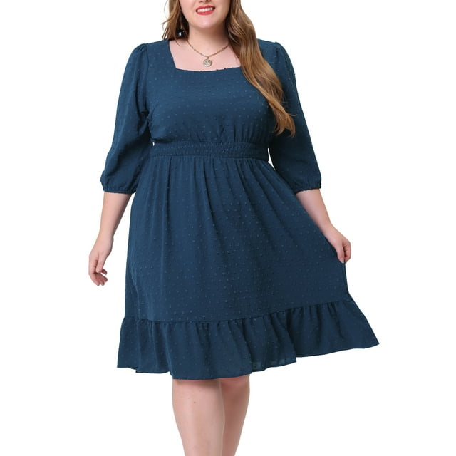 Vestido midi de mujer plus size con cintura smock y puntos suizos de 3/4 de manga 4X azul